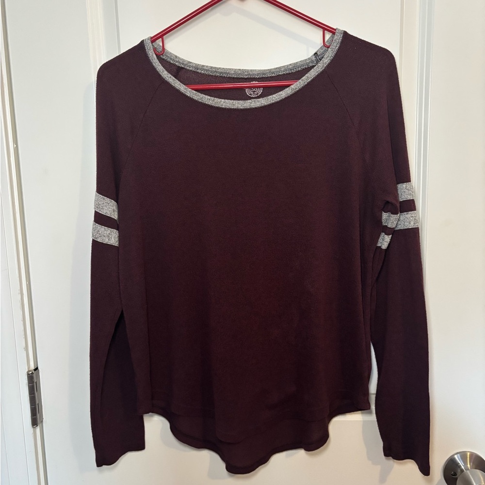 Women's Burgundy with Gray Sleeve Stripes Long Sleeve Top